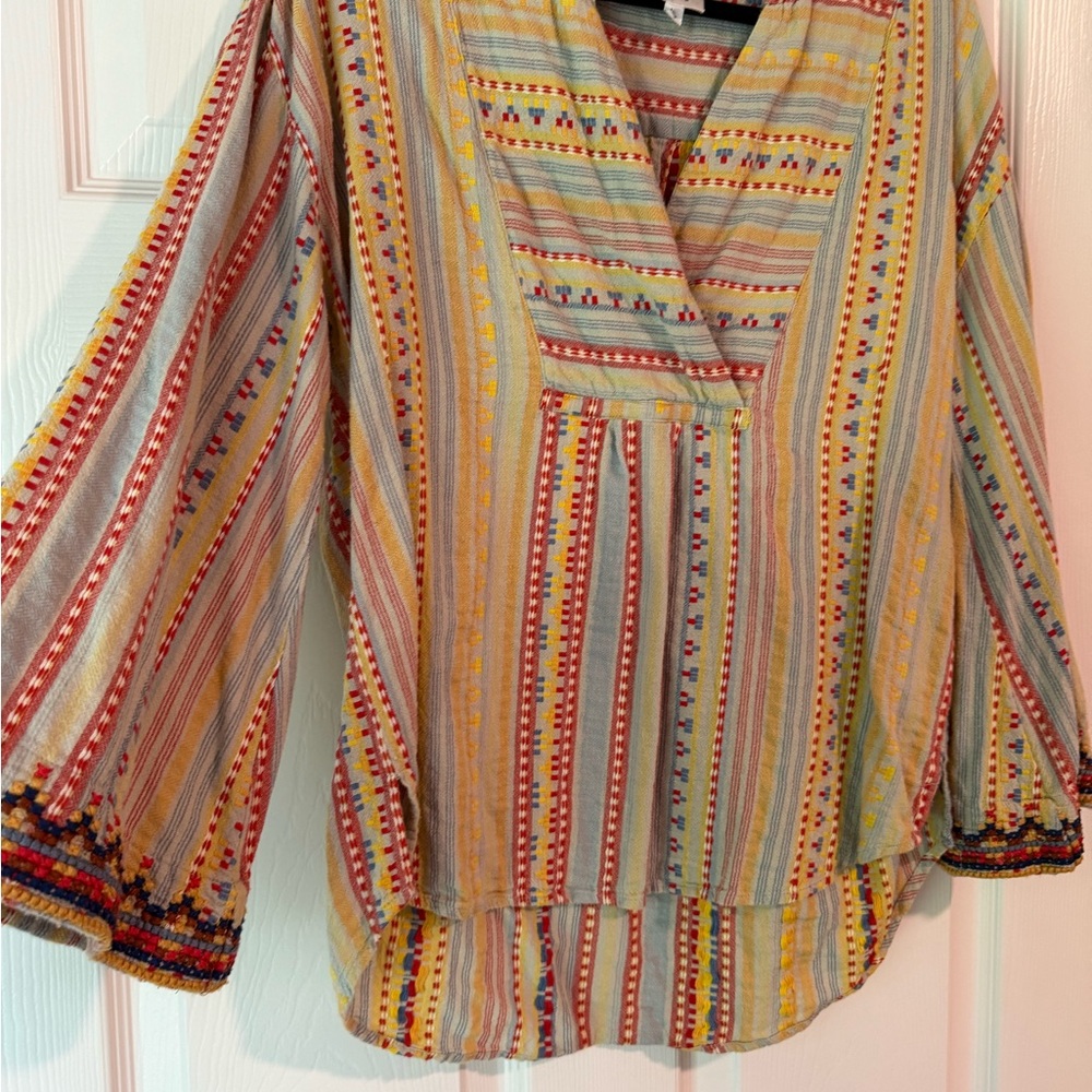 Ivy Jane Orange and Green Bohemian Blouse with V-Neck